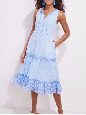 Vineyard Vines Bayside Blue Border Print Midi Dress - S
